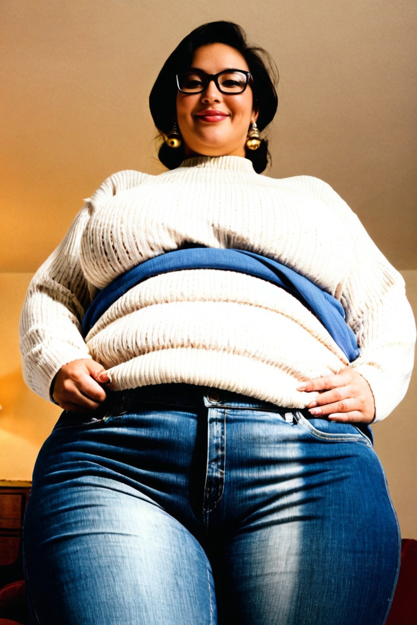 Plumper, Thick Black Framed Glasses, Gentle Smile BBW AI Porn