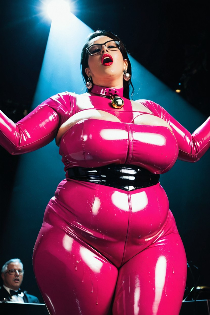 Diva, Metallic Pink Latex Bodysuit, Large Crowd BBW AI Porn