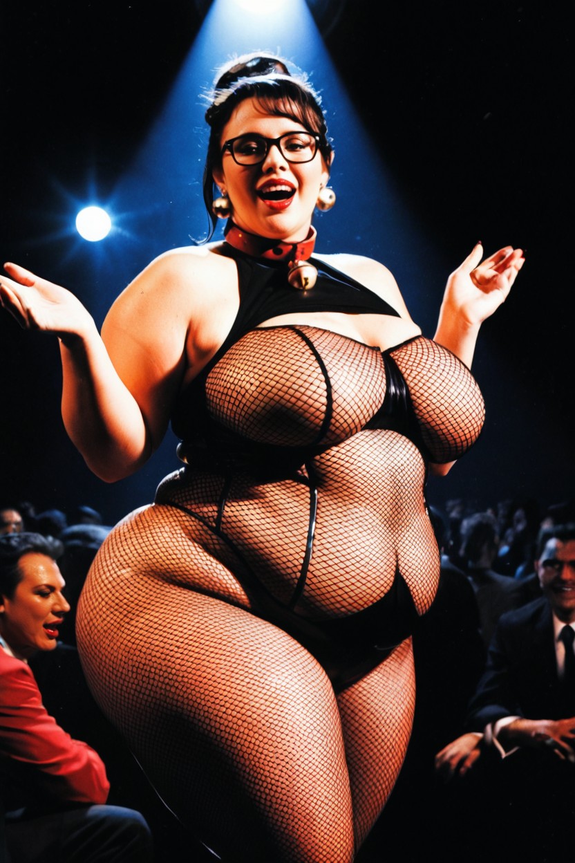 Excited Large Crowd, Seductive Dancing, Dressed In Fishnet Bodysuit BBW AI Porn