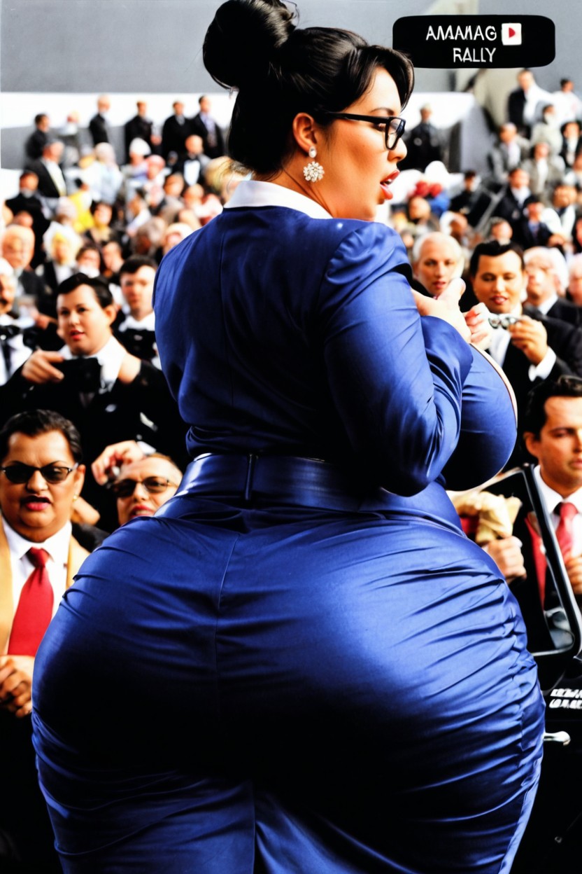 Clothed Hyper Massive Gigantic Perky Breasts, Podium, Slightly Open Mouth BBW AI Porn