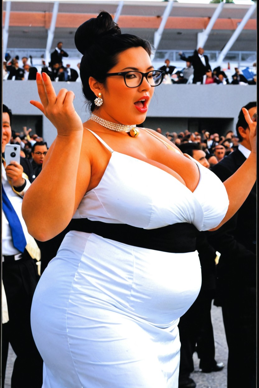 Clothed Hyper Gigantic Wide Hips, Slightly Open Mouth, Side View BBW AI Porn