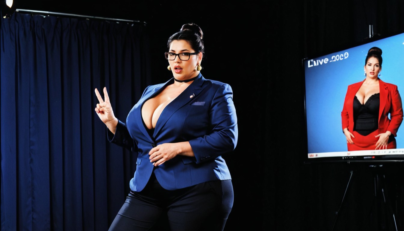 Large Circular Stage, Thick Black Framed Glasses, Livestream BBW AI Porn