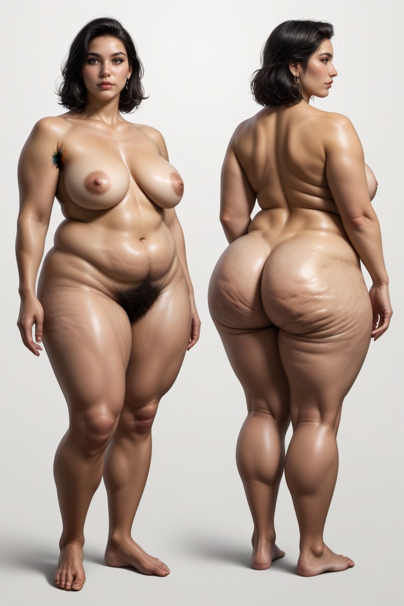 Hairy Belly, Oiled Skin, Neutral Expression BBW AI Porn