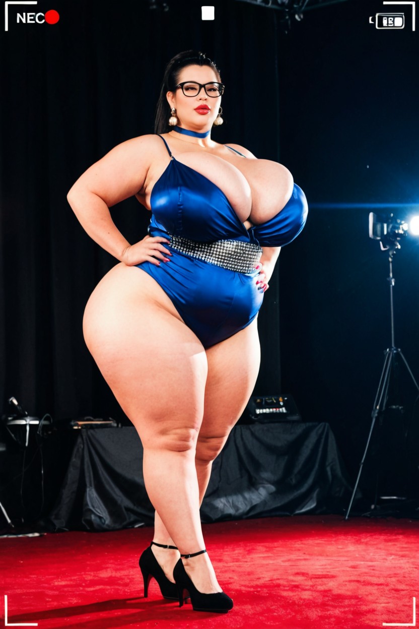 Pale Skin, Red Carpet On Stage, Long Black Hair BBW AI Porn