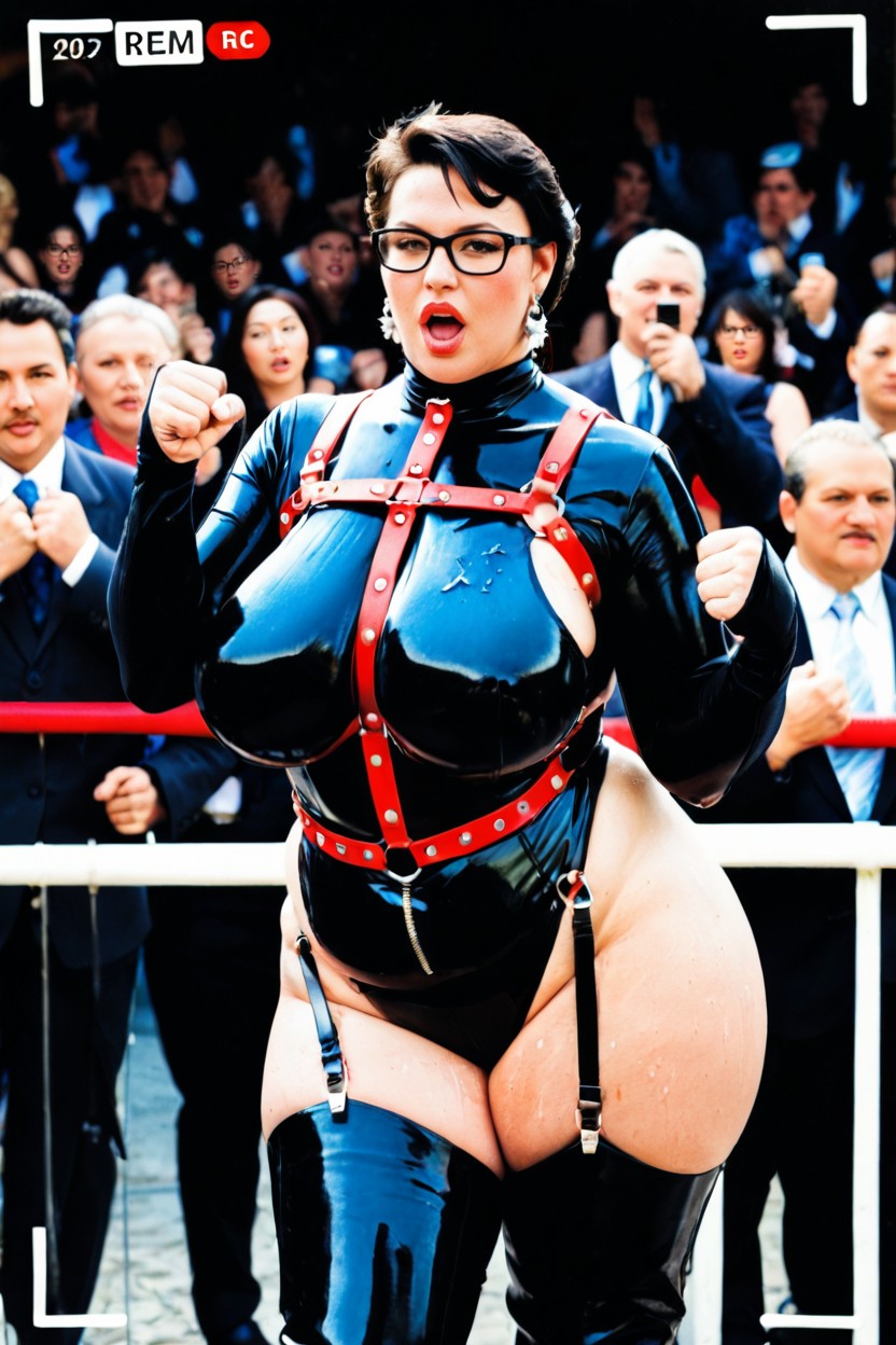 Thigh High Boots, Pumping Her Fist, Clothed Hyper Gigantic Wide Hips BBW AI Porn