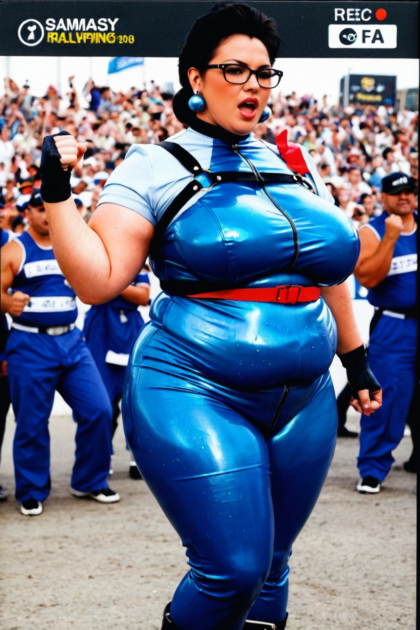 Dressed In A Glossy Turquoise Blue Latex Full Bodysuit, Pumping Her Fist, Focus Frame Porno IA BBW