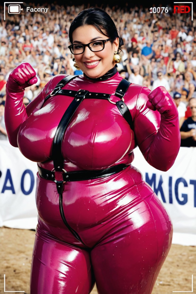 Dressed In A Glossy Magenta Latex Full Bodysuit, Choker With Bell, 18+ BBW AI Porn