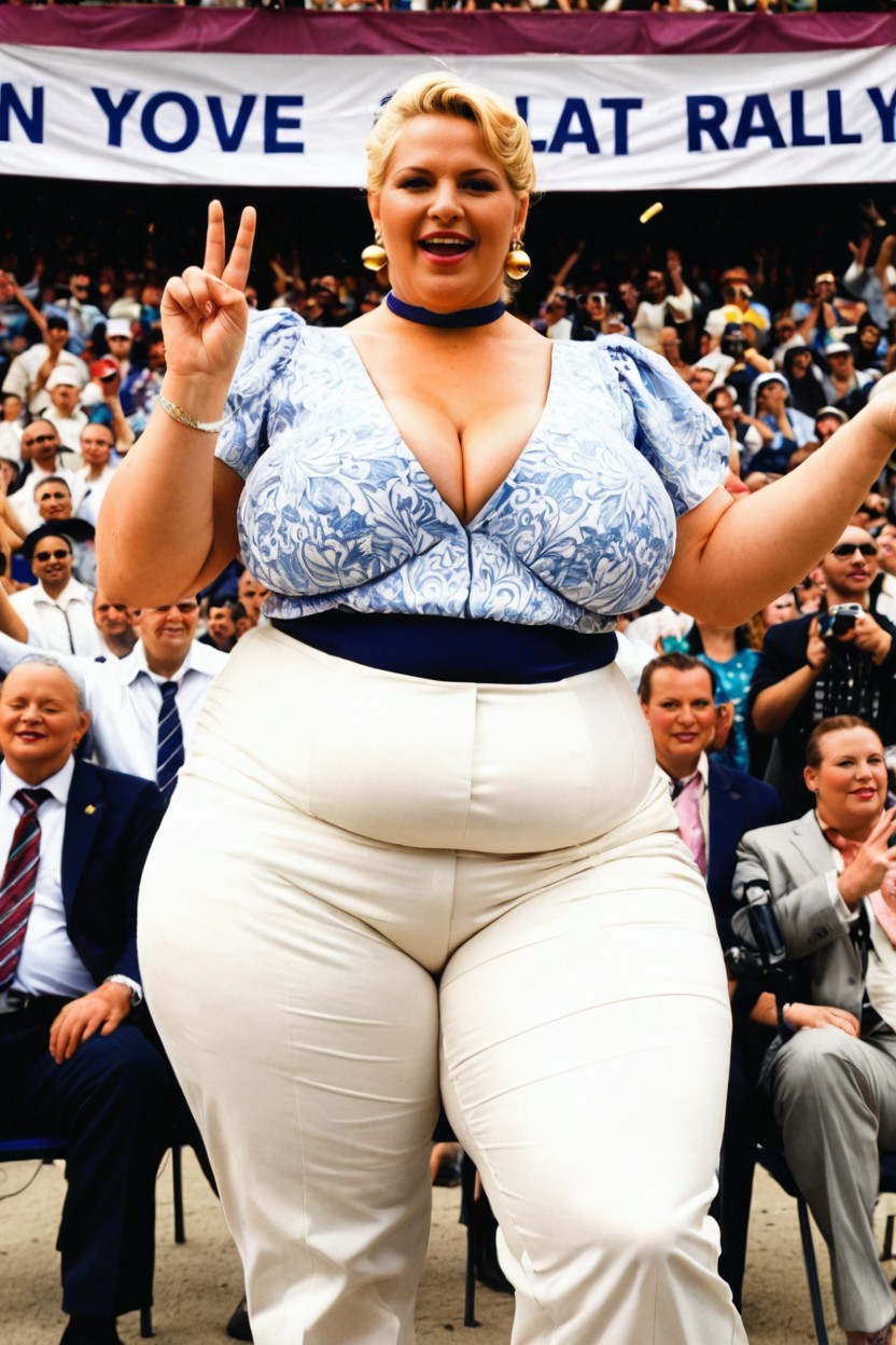 Slightly Mouth Open, Large Crowd Cheering, Hand On Hips BBW AI Porn