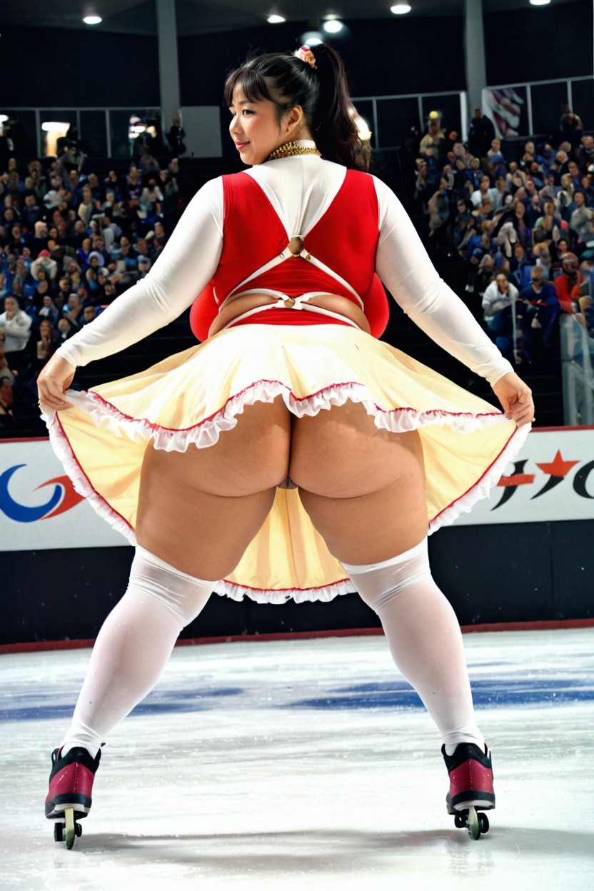 Frilled Skirt, Asian Beauty, Seductive Ice Skating BBW AI 야짤