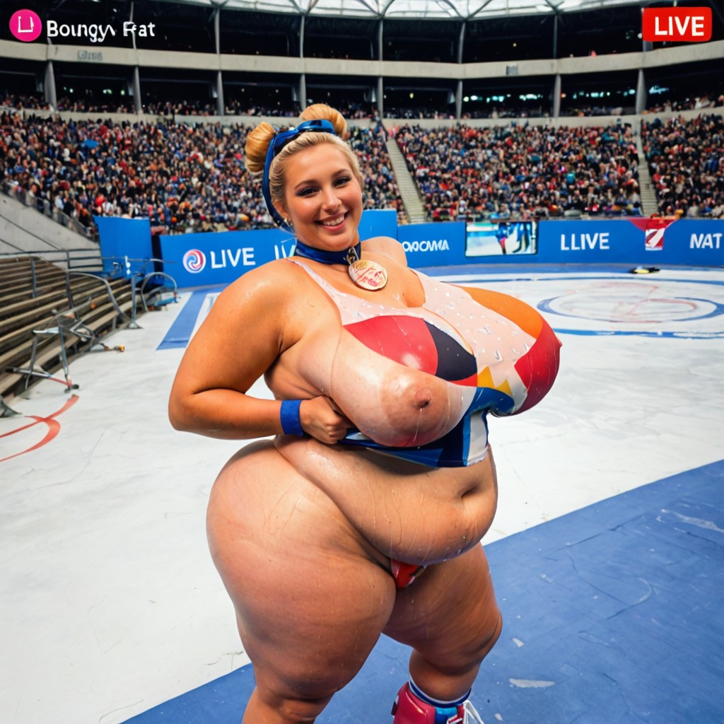 Indoor Olympic Stadium, Full Face Blushing, Vue De Côté Porno IA BBW