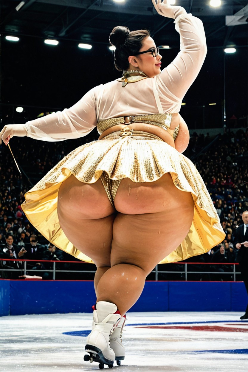 Dressed In A Figure Skating Dress With Sequins, Full Face Blushing, Pale Skin BBW AI Porn