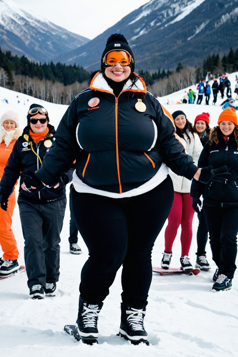 Black Snowboarding Pants, Chubby, Front View BBW AI Porn