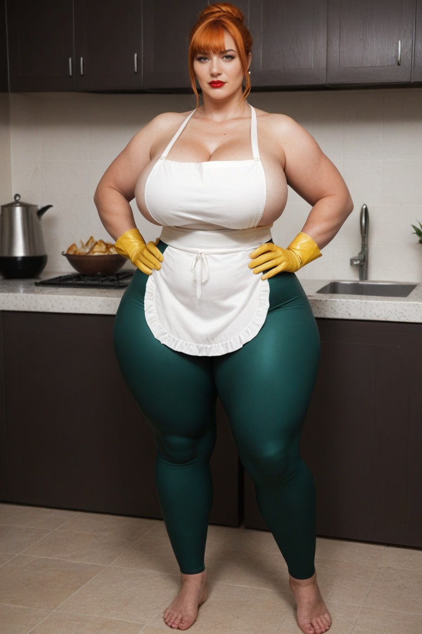 White Apron, Facing Viewer, Red Lipstick BBW AI Porn