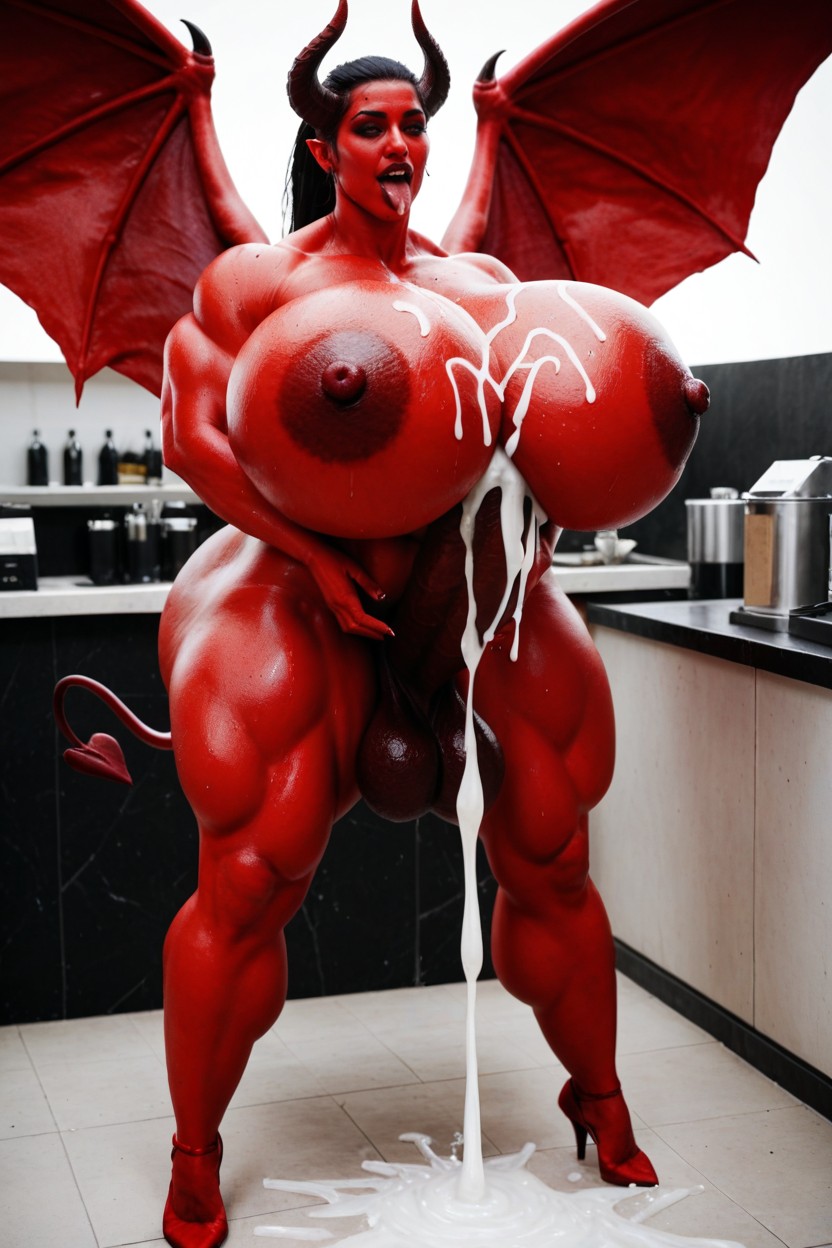 Coffee Shop Counter, Ponytail, Gigantic Abdominal Obliques BBW AI Porn
