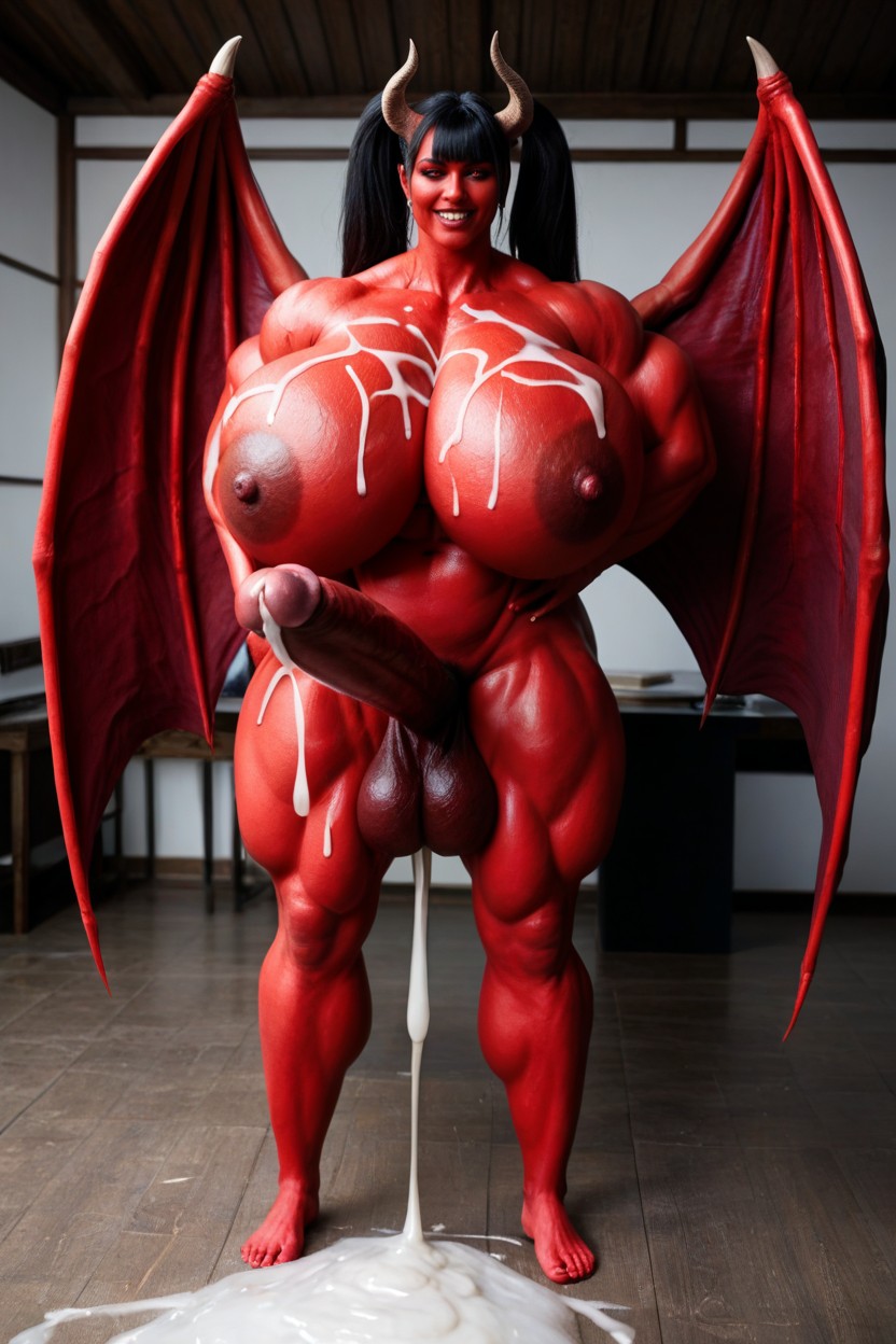Red Succubus, Bangs, Hyper Muscular Futa Succubus BBW AI Porn