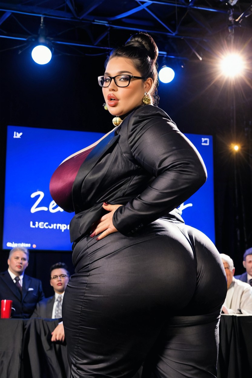 Black Hair, High Bun, Dressed In A Formal Suit Jacket And Pants BBW AI Porn
