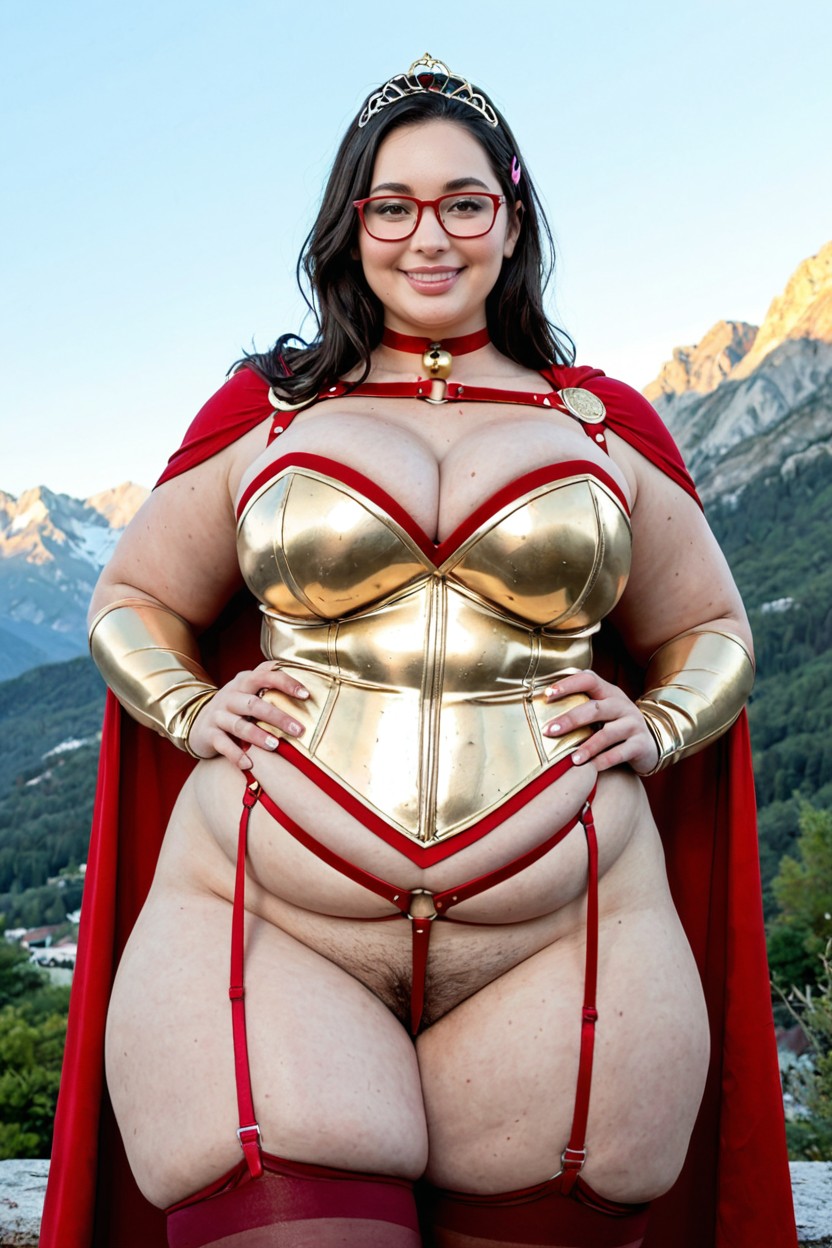 Black Hair, Overflowing Cleavage, Pink Gold Heroine Costumes BBW AI Porn