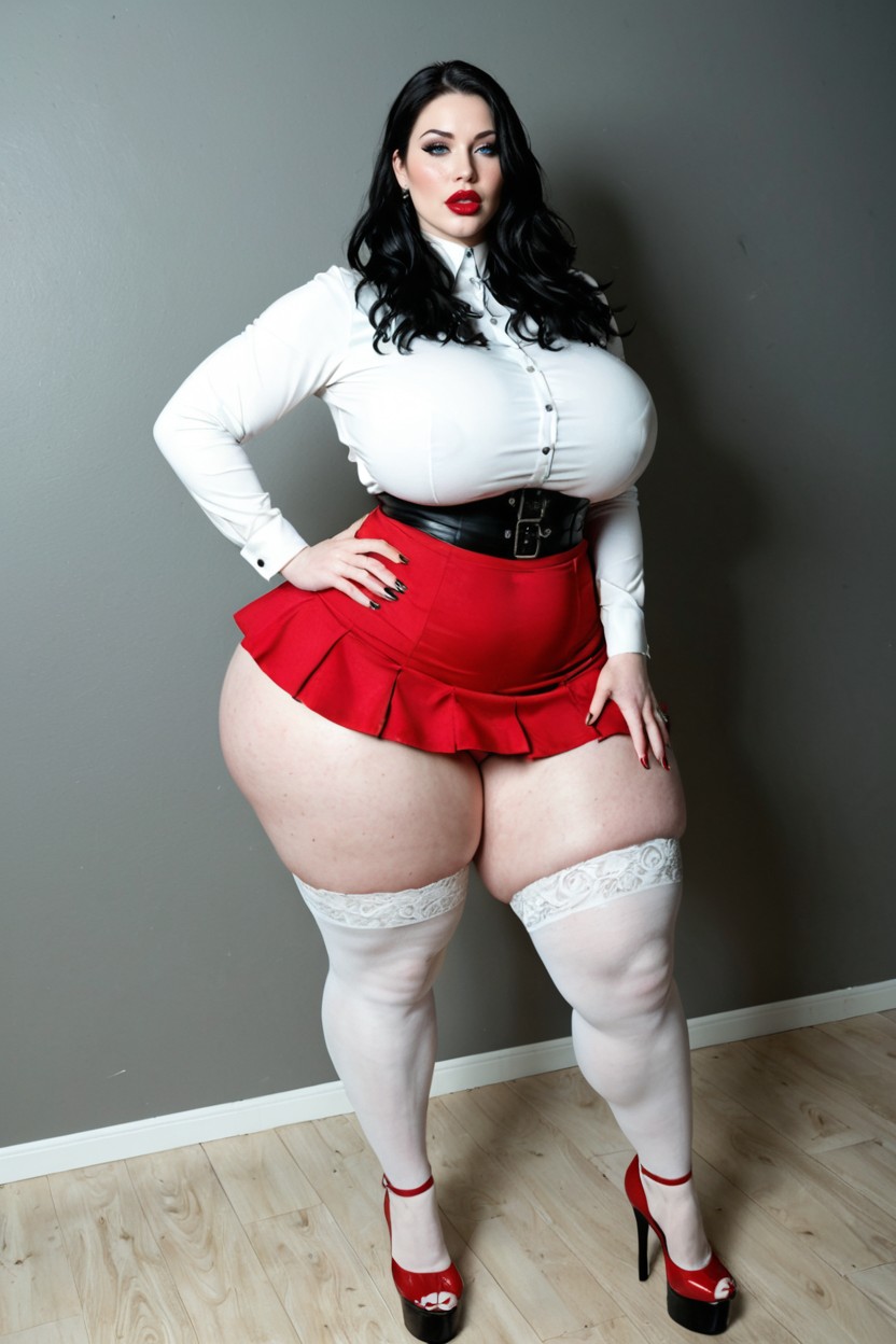 Red Cotton Knicker, Delicate Thighs, White Long Sleeve Tight Top With Skirt Porno BBW IA