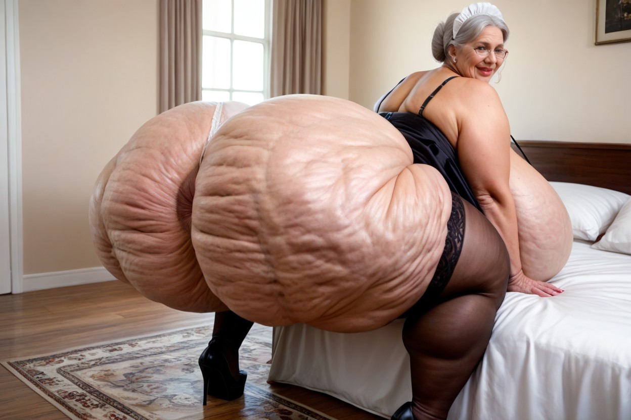 Spreading Asscheeks, Thigh High Stockings, Full Body Old Mature Maid Bbw Bent Over Bed BBW AI Porn