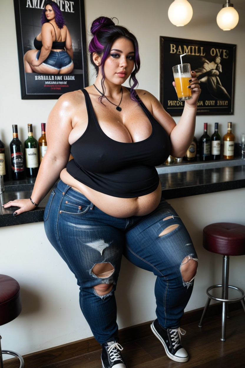 Pale Skin, Natural Breasts, Loose Hair Bun BBW AI Porn