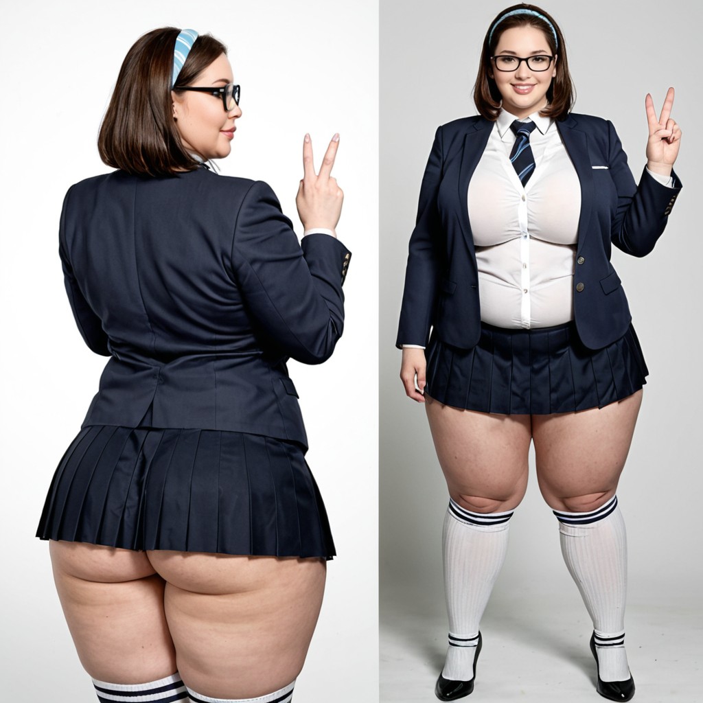Solo, Wearing Blazer And Pleated Skirt, Sleek Straight Bob Hair BBW AI Porn