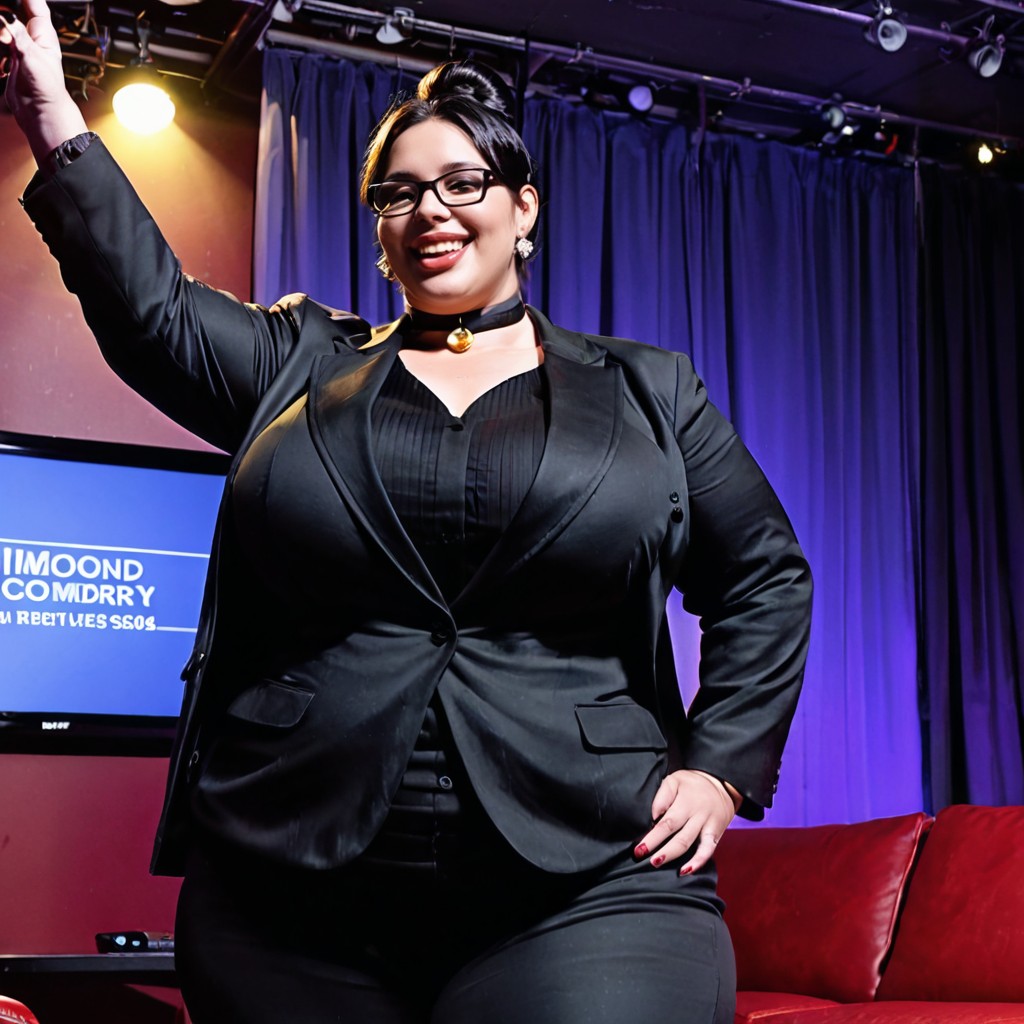 Plump Large Lips, Dressed In A Black Formal Suit Jacket And Pants, Stand Upright BBW AI Porn