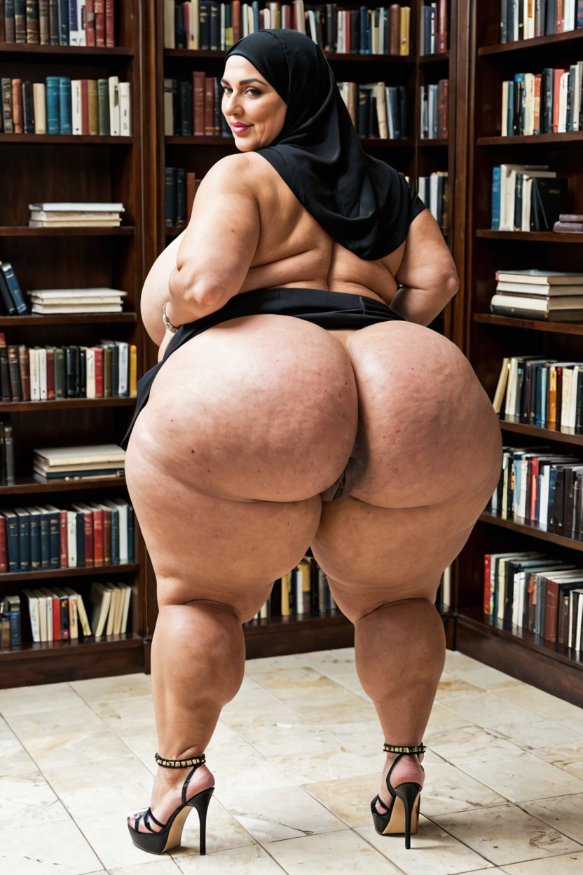 Library, Brown Skin, Rear View BBW AI Porn