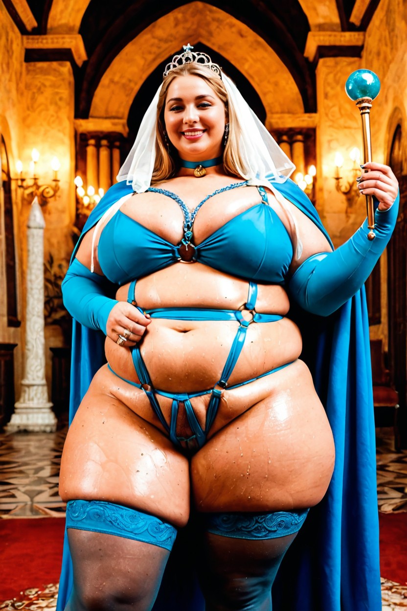 Fully Clothed, Wearing Luxurious Decorations, Extreme Glittery Slingshot Crotchless Thong BBW AI Porn