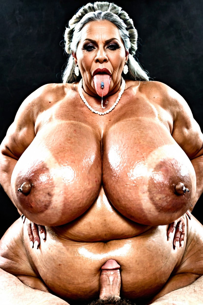 Massive Cleavage, Breast Hypertrophy Due To Extreme Macromastia, Her Own Fingers Pinching Her Nipples Fat BBW AI Porn