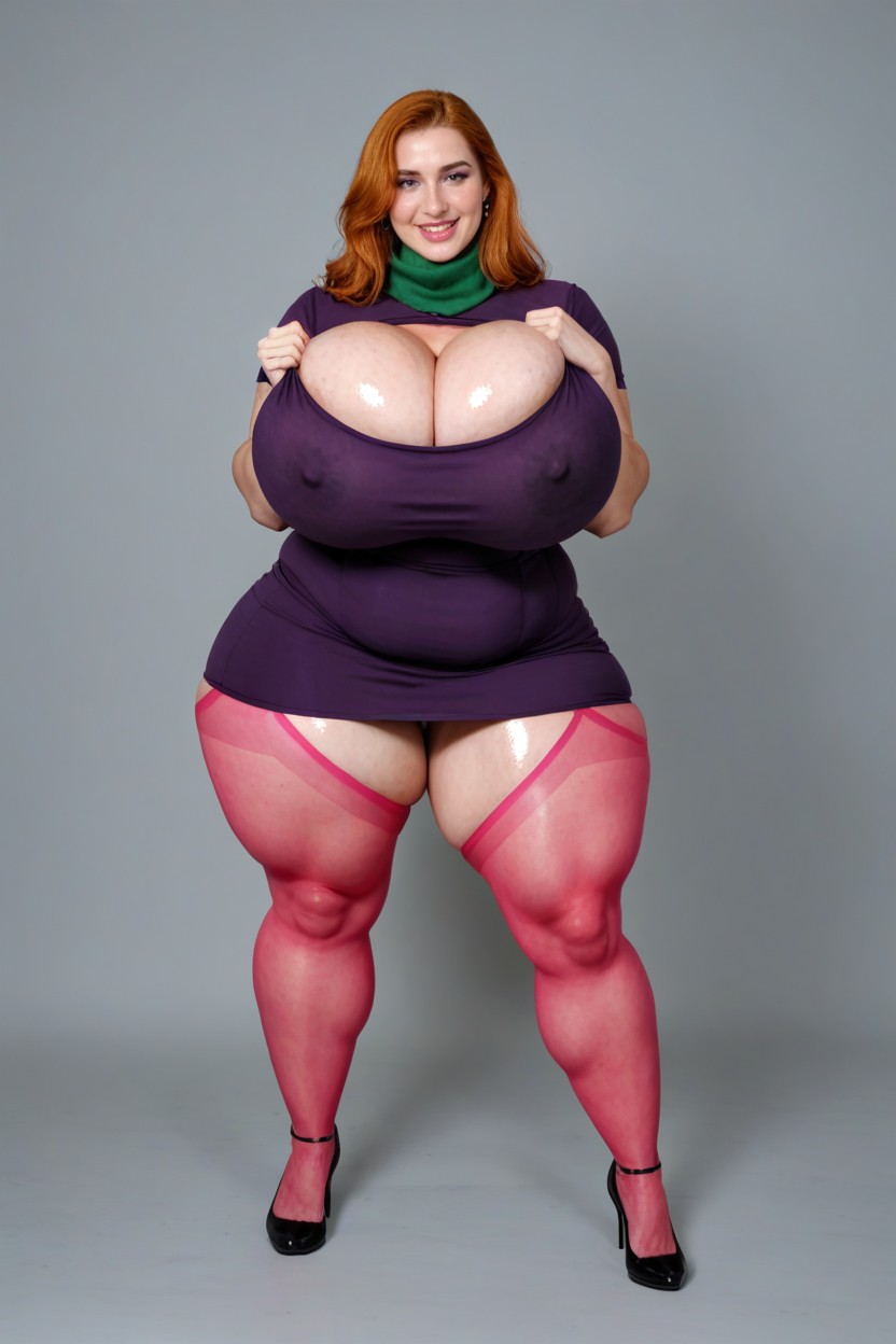 Lime Green Scarf, Gigantic Colossal Breasts, Mauve Headband BBW AI Porn