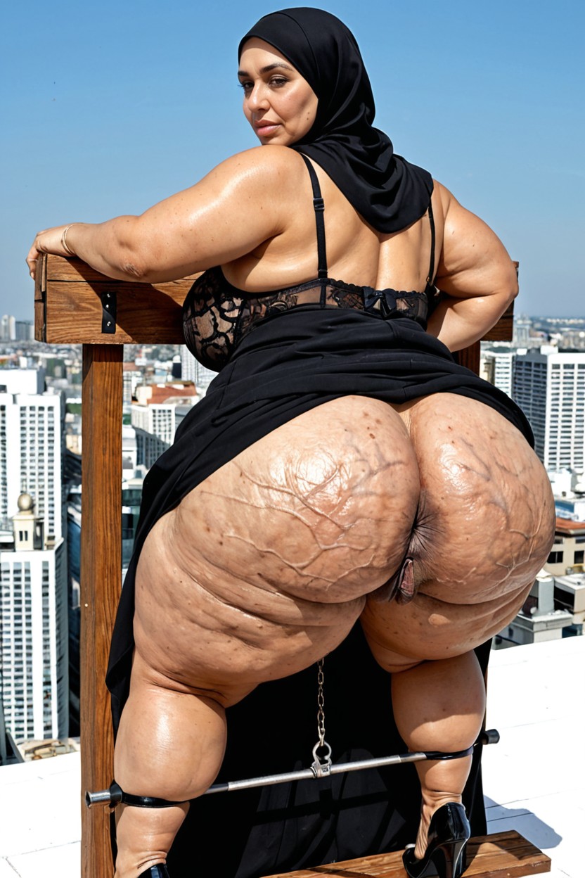 Lingerie Hijab Dress, Strong Facial Features, Rooftop BBW AI Porn