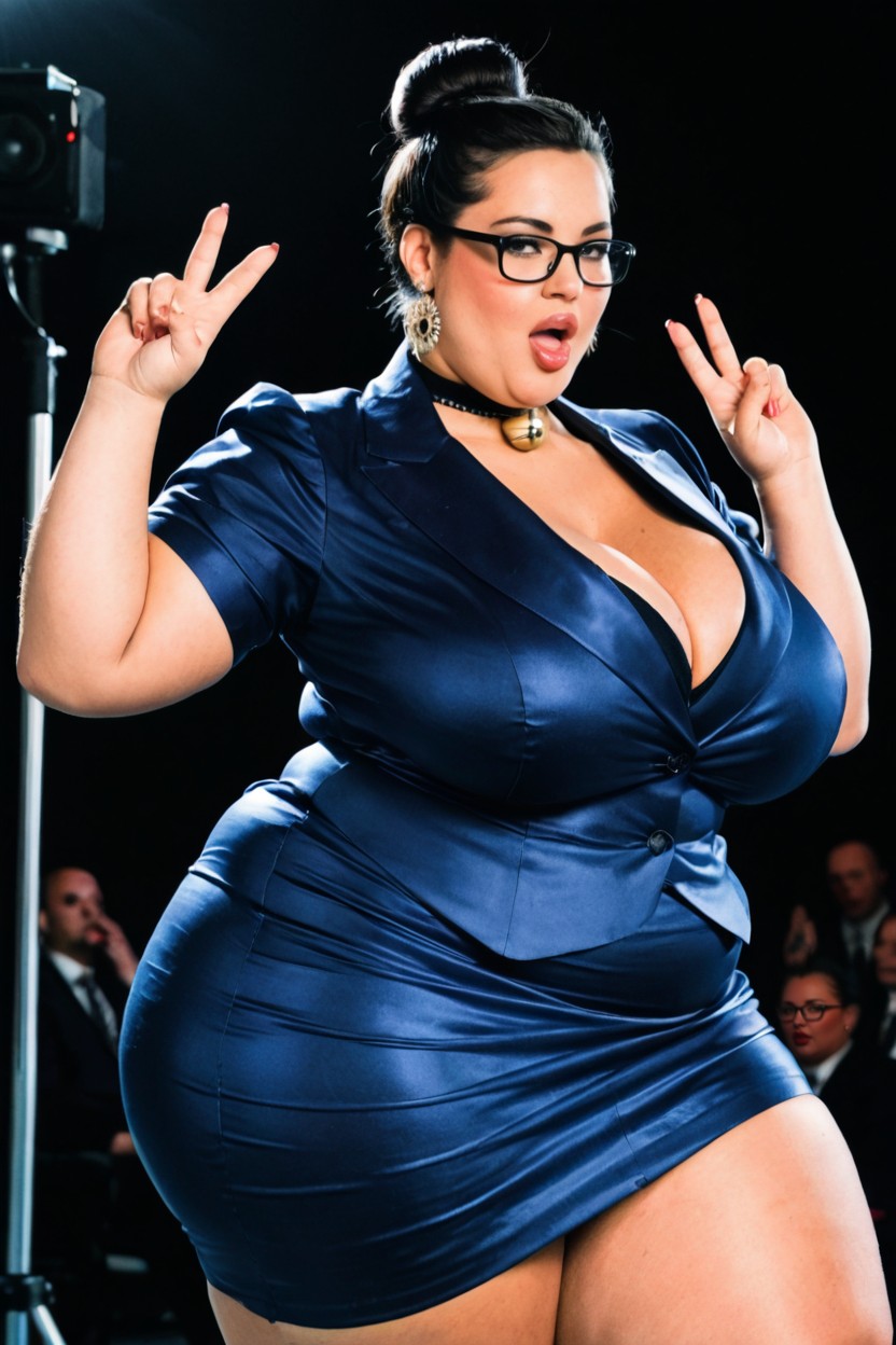 High Bun, Giant Display In The Background, Black Hair BBW AI Porn
