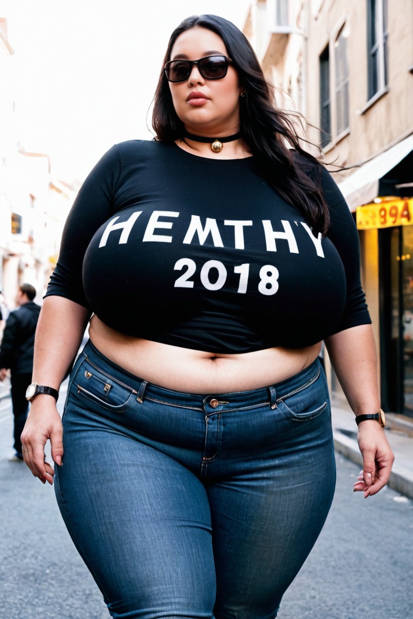 City Streets, Low Angle, Clothed Hyper Gigantic Breasts BBW AI Porn