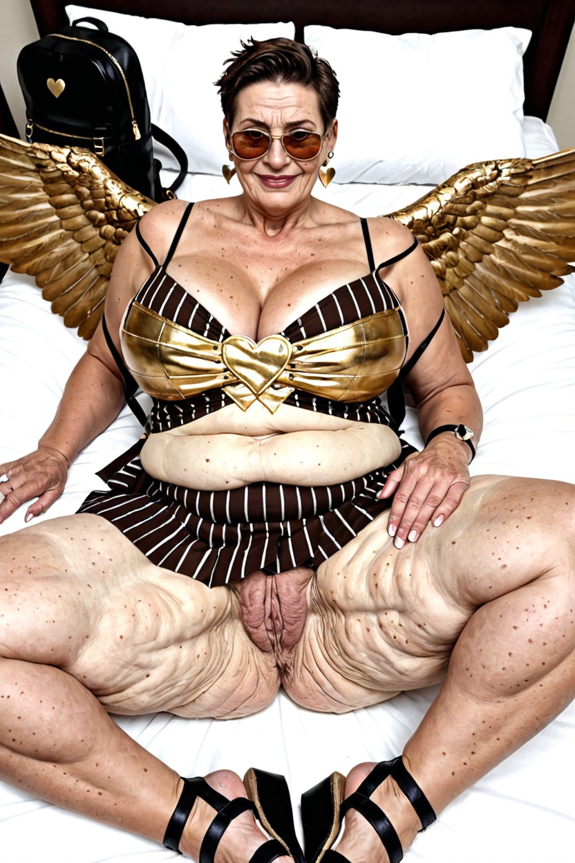 60+, Obese, Cream Pinstripe Linen Romper BBW AI Porn