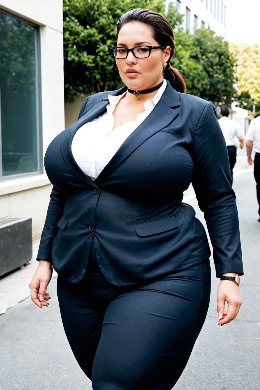 Dressed In A Chic Office Jacket Over A White Shirt, Profoundly Cinematic, Black Eyes BBW AI Porn