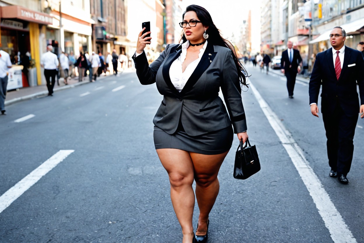 Wearing A Sharp Charcoal Gray Tailored Blazer Over A Crisp Black Stand-collar Blouse, Very Sleek Long Hair, Dark Leather Loafers Porno BBW IA