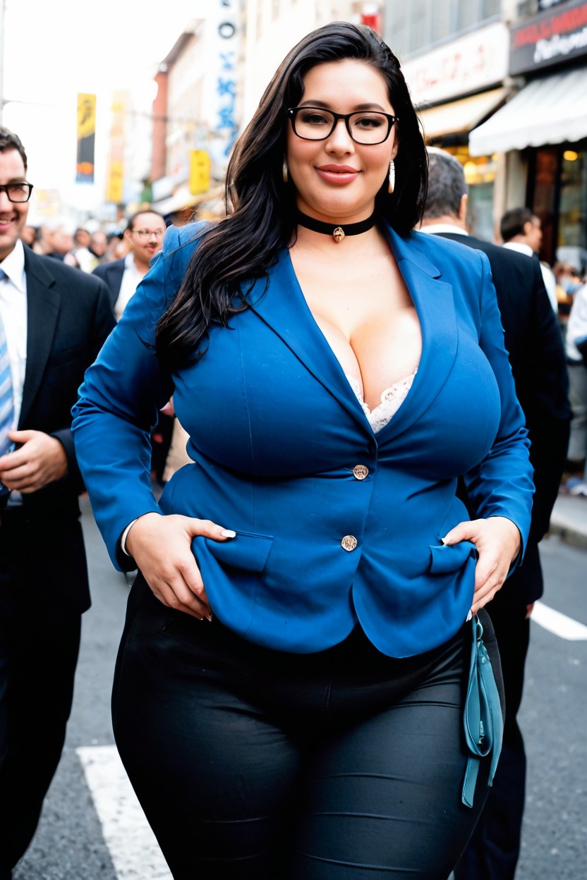 Wearing A Tailored Navy Blue Blazer Over A Minimalist Silk Cream Blouse, Skyscrapers All Around, Crowds Of People Porno BBW IA