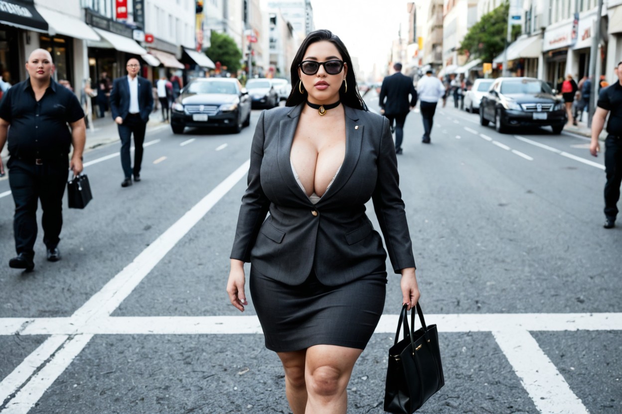 Plump Large Lips, Wearing A Sharp Charcoal Gray Tailored Blazer Over A Crisp Black Stand-collar Blouse, Natural Lighting BBW AI Porn