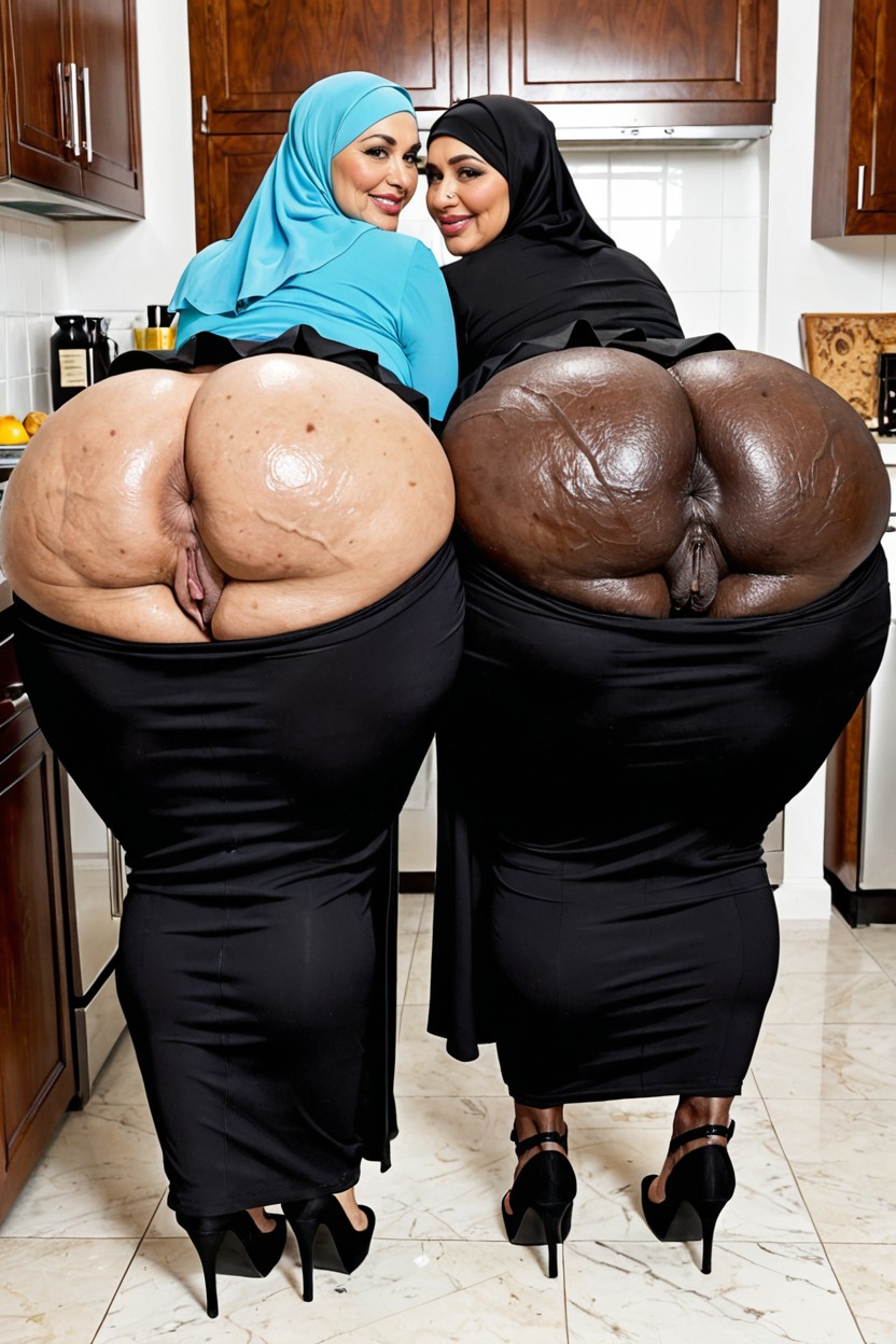 People Side By Side, Y-seam Detail On The Buttocks, Stockings BBW AI Porn