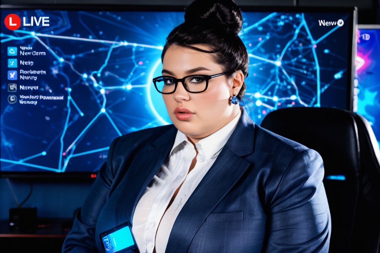 Glowing Led Accent Lines, Parted Lips, Thick Black Glasses BBW AI Porn