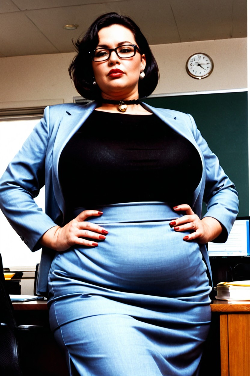 Low Angle, Pale Skin, Straight Black Hair BBW AI Porn