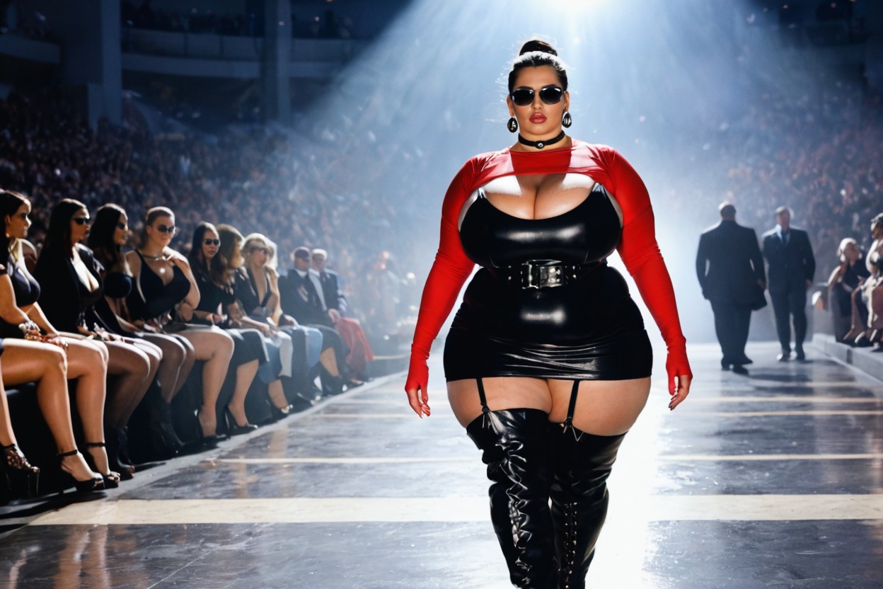 Low Angle, Glossy Black Floor, Thick Black Sunglasses BBW AI Porn
