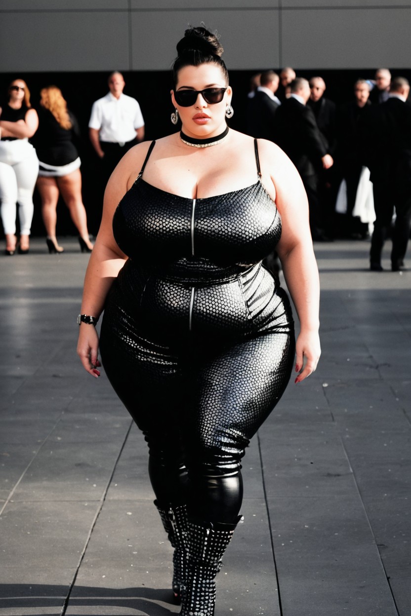 Fashion Show Venue, Strong Overhead Spotlights, Elite Fashion Crowd BBW AI Porn