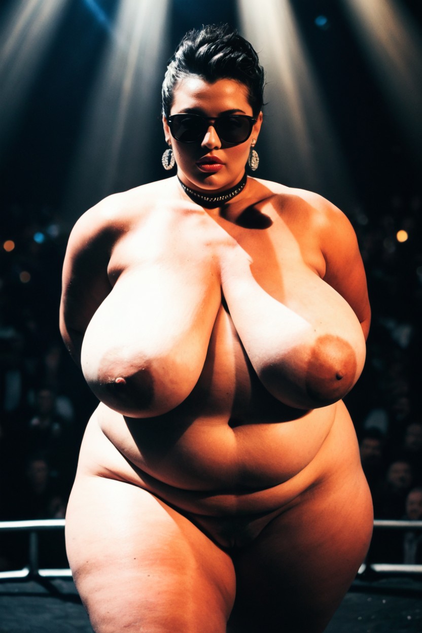 Glossy Black Floor, Hyper Obesity, Sharp Focus On The Model BBW AI Porn