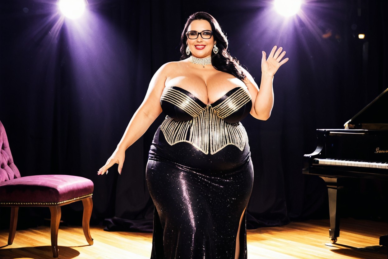Elegant Posture, Reflective Stage Floor, Soft Ambient Glow BBW AI Porn