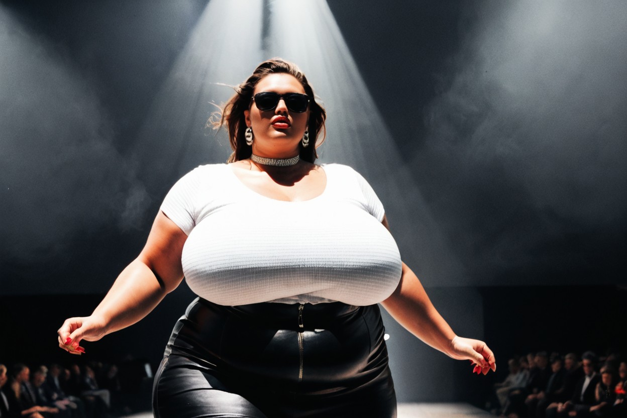 Strong Overhead Spotlights, Fashion Show Venue, Hyper Fat BBW AI Porn