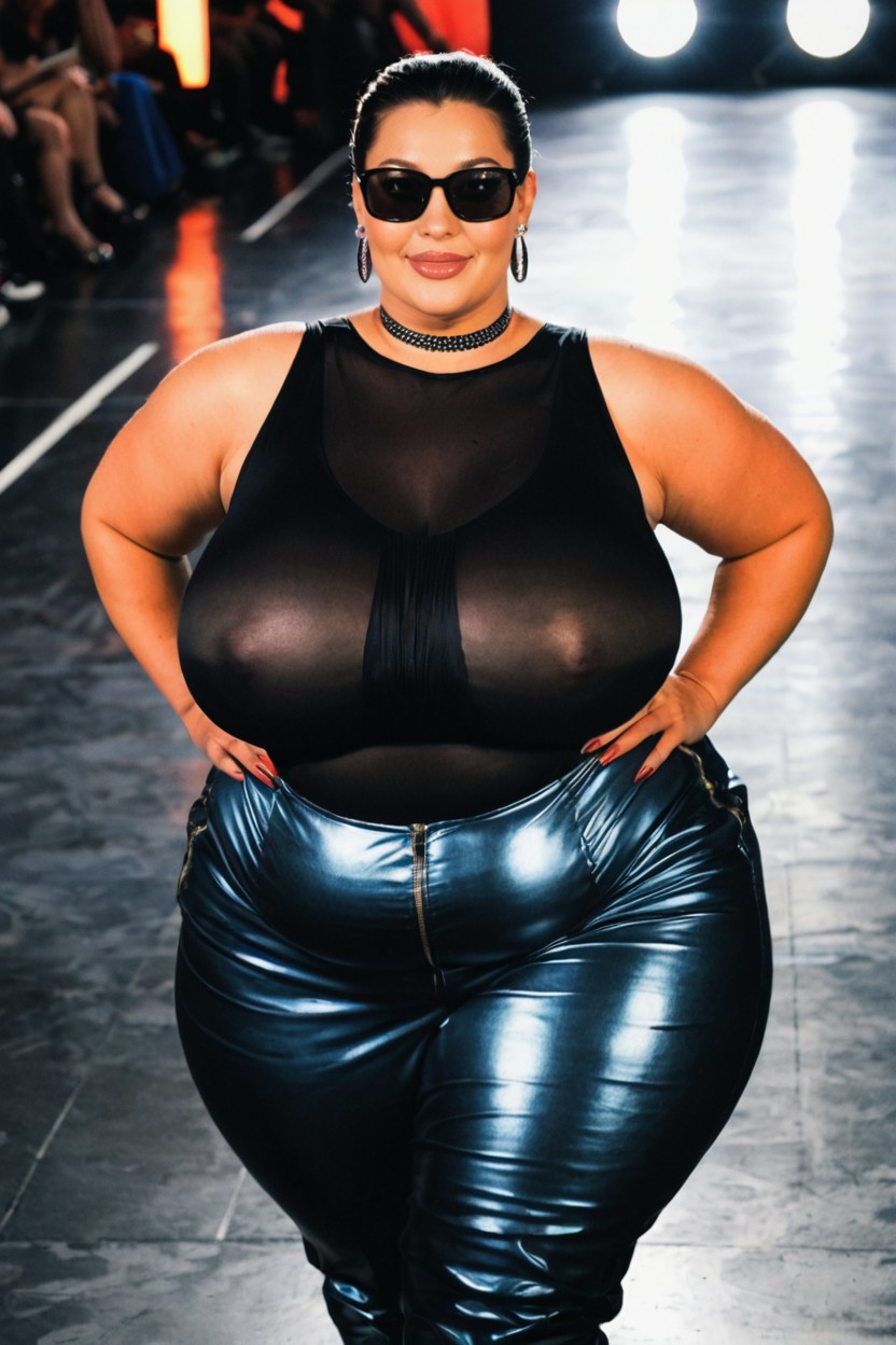 Smirk, Blurred Silhouettes Of Spectators, Sharp Focus On The Model BBW AI Porn