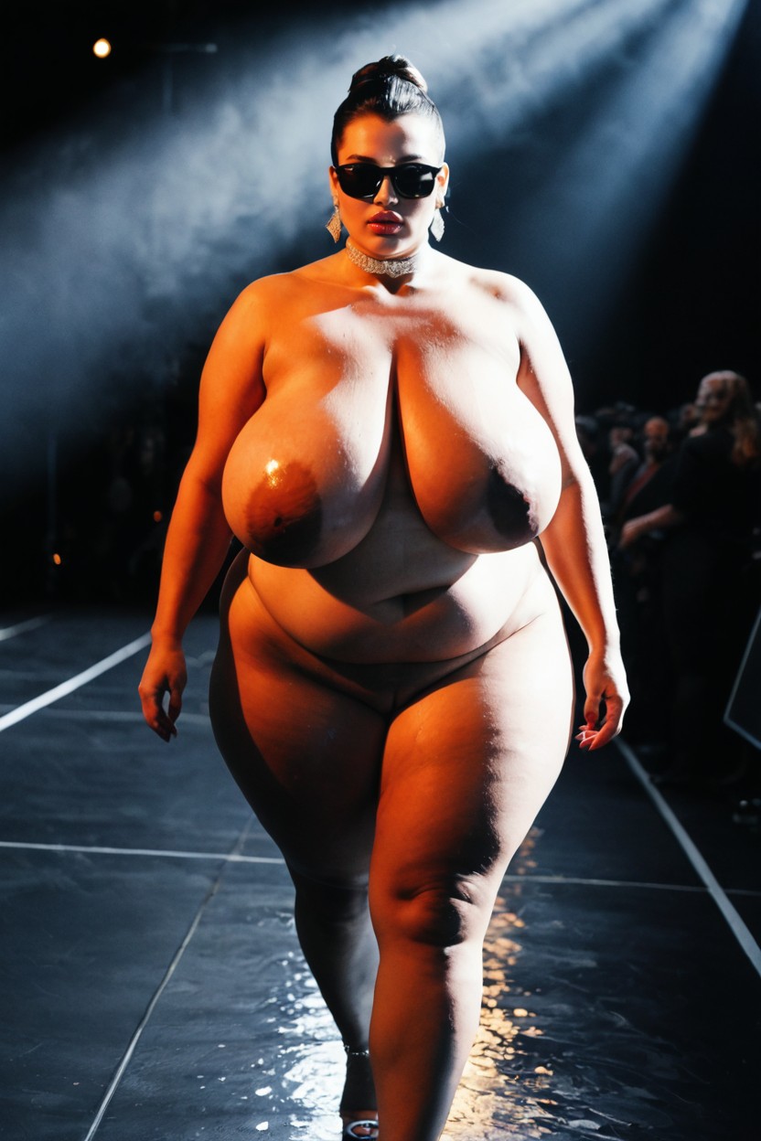 Glossy Black Floor, Intense And Cold Atmosphere, Strong Overhead Spotlights BBW AI Porn