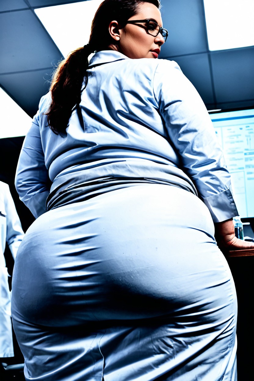 Rows Of Medicine Bottles, Black Eyes, Digital Monitor With Medical Charts BBW AI Porn