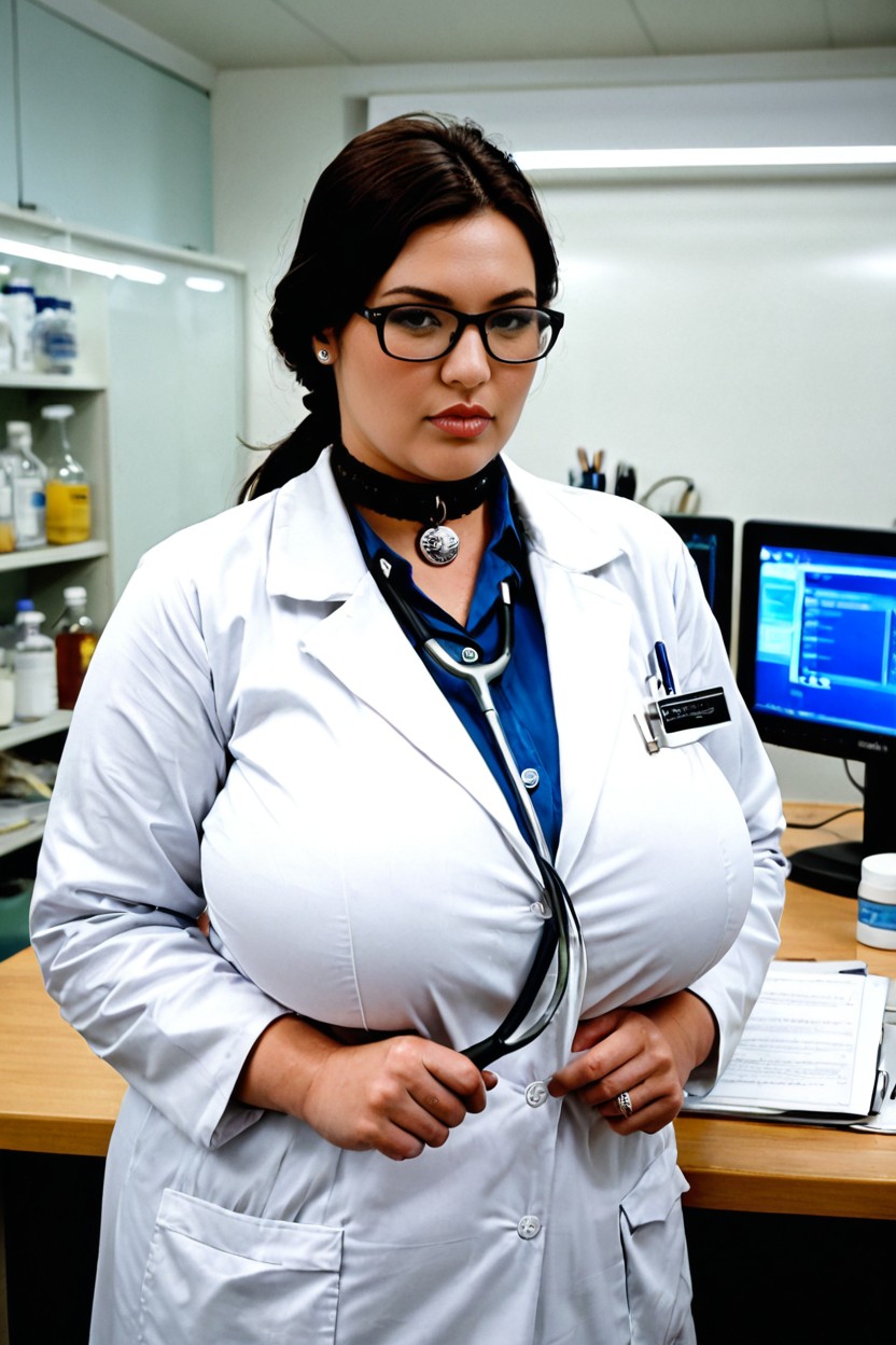 Sharp Features, Silver Stethoscope Around The Neck, Rows Of Medicine Bottles BBW AI Porn